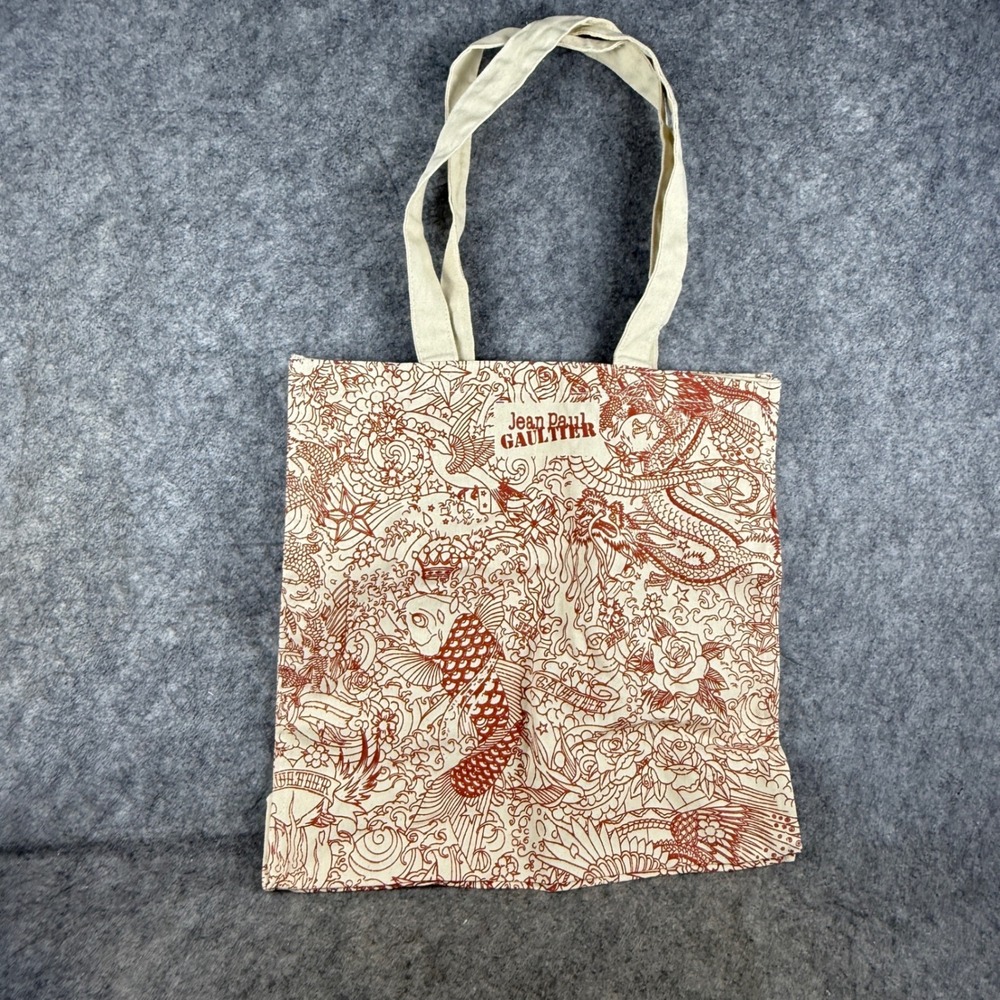 Jean Paul Gaultier Canvas Tote Bag Tattoo Dragon Koi Print Cream Red Shopper